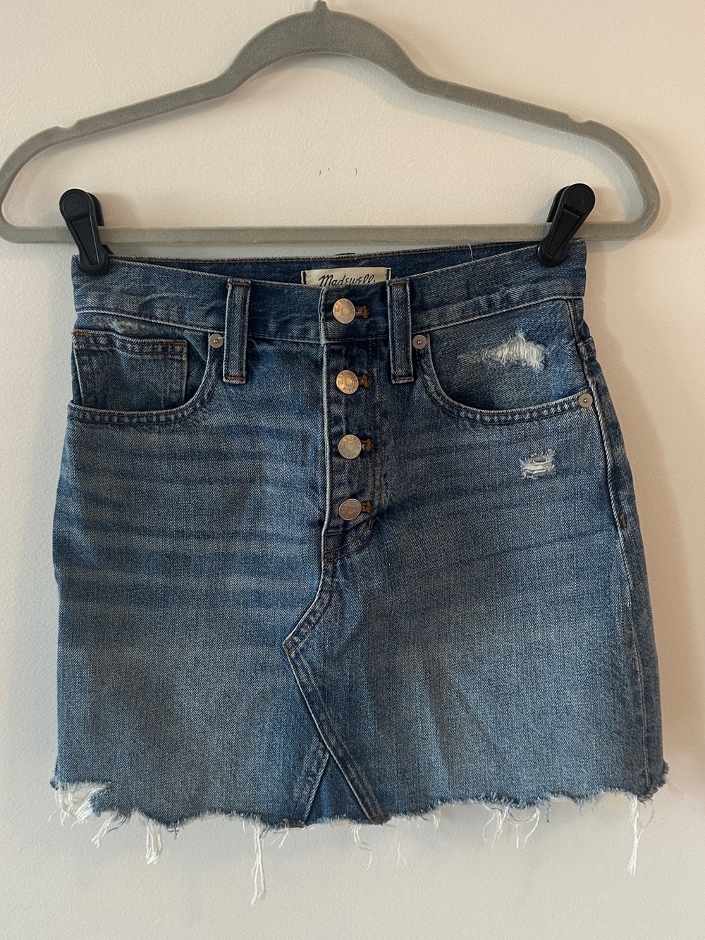 Madewell Button-Front Distressed Denim Mini Skirt